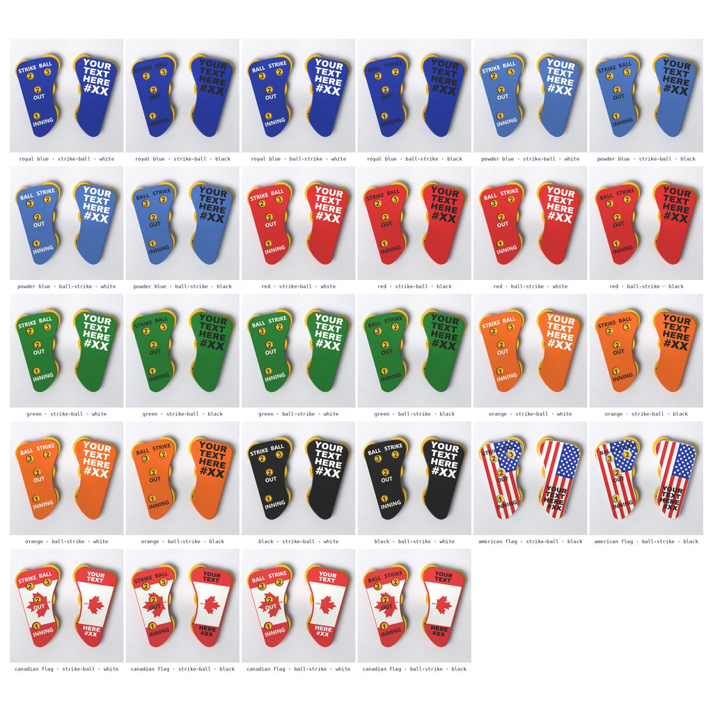 All 28 versions of The Perfect Call narrow umpire indicator with yellow dials: every body colour, flag, layout and text colour
