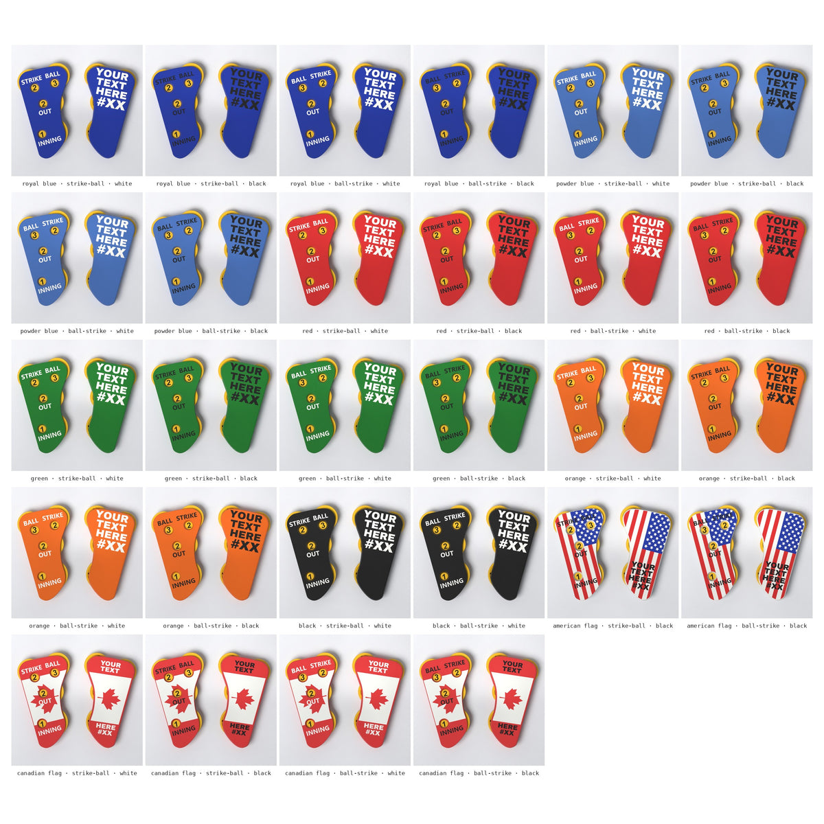All 28 versions of The Perfect Call narrow umpire indicator with yellow dials: every body colour, flag, layout and text colour