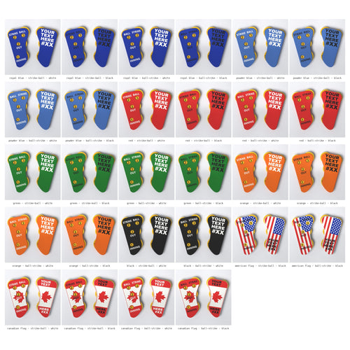All 28 versions of The Perfect Call narrow umpire indicator with yellow dials: every body colour, flag, layout and text colour