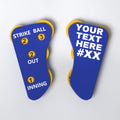 The Perfect Call narrow umpire indicator with yellow dials, Royal Blue, Strike-Ball layout, white text - front and back