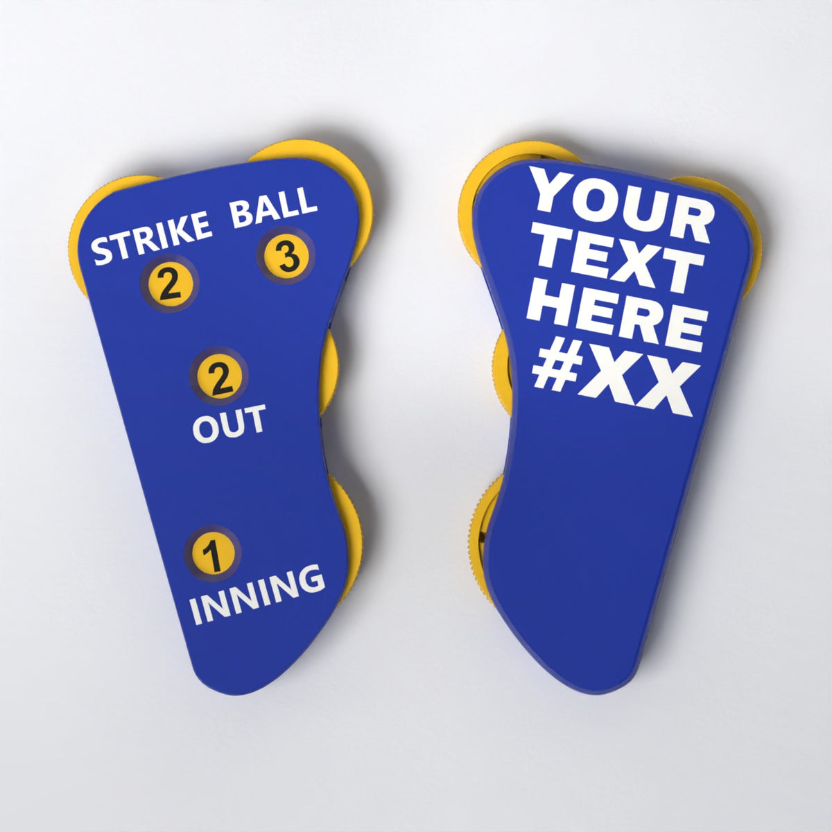 The Perfect Call narrow umpire indicator with yellow dials, Royal Blue, Strike-Ball layout, white text - front and back