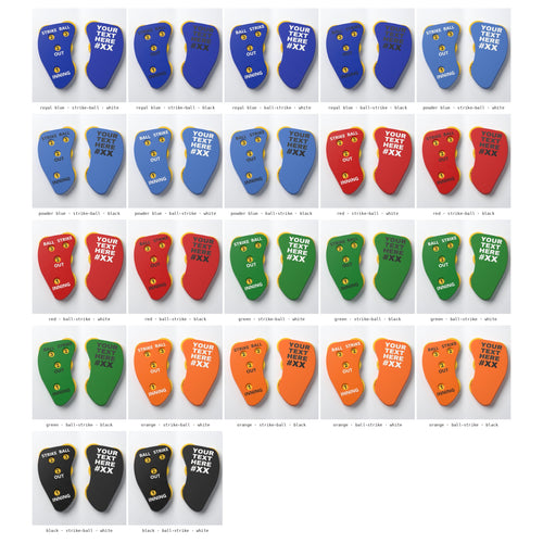 All 22 versions of The Perfect Call umpire indicator with yellow dials: every body colour, layout and text colour