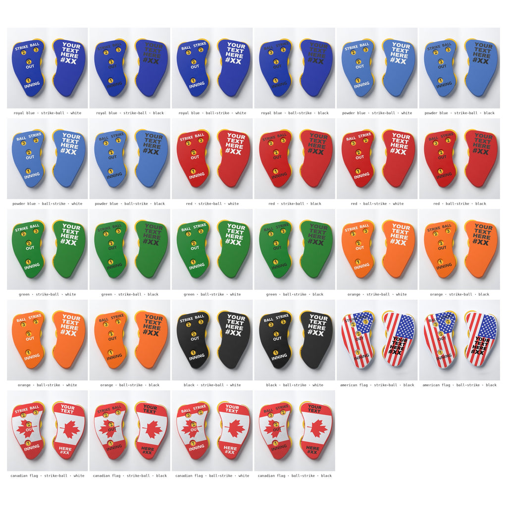 All 28 versions of The Perfect Call umpire indicator with yellow dials: every body colour, flag, layout and text colour