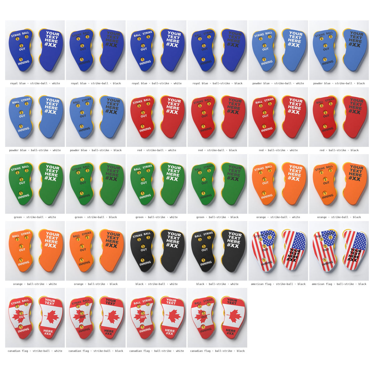 All 28 versions of The Perfect Call umpire indicator with yellow dials: every body colour, flag, layout and text colour