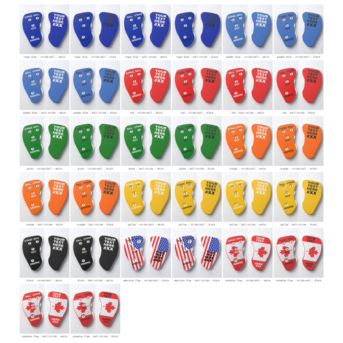 All 32 versions of the custom 4-dial umpire indicator: every body colour, dial layout and text colour