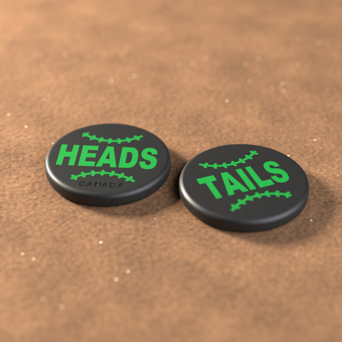 Black umpire flip coin with green lettering