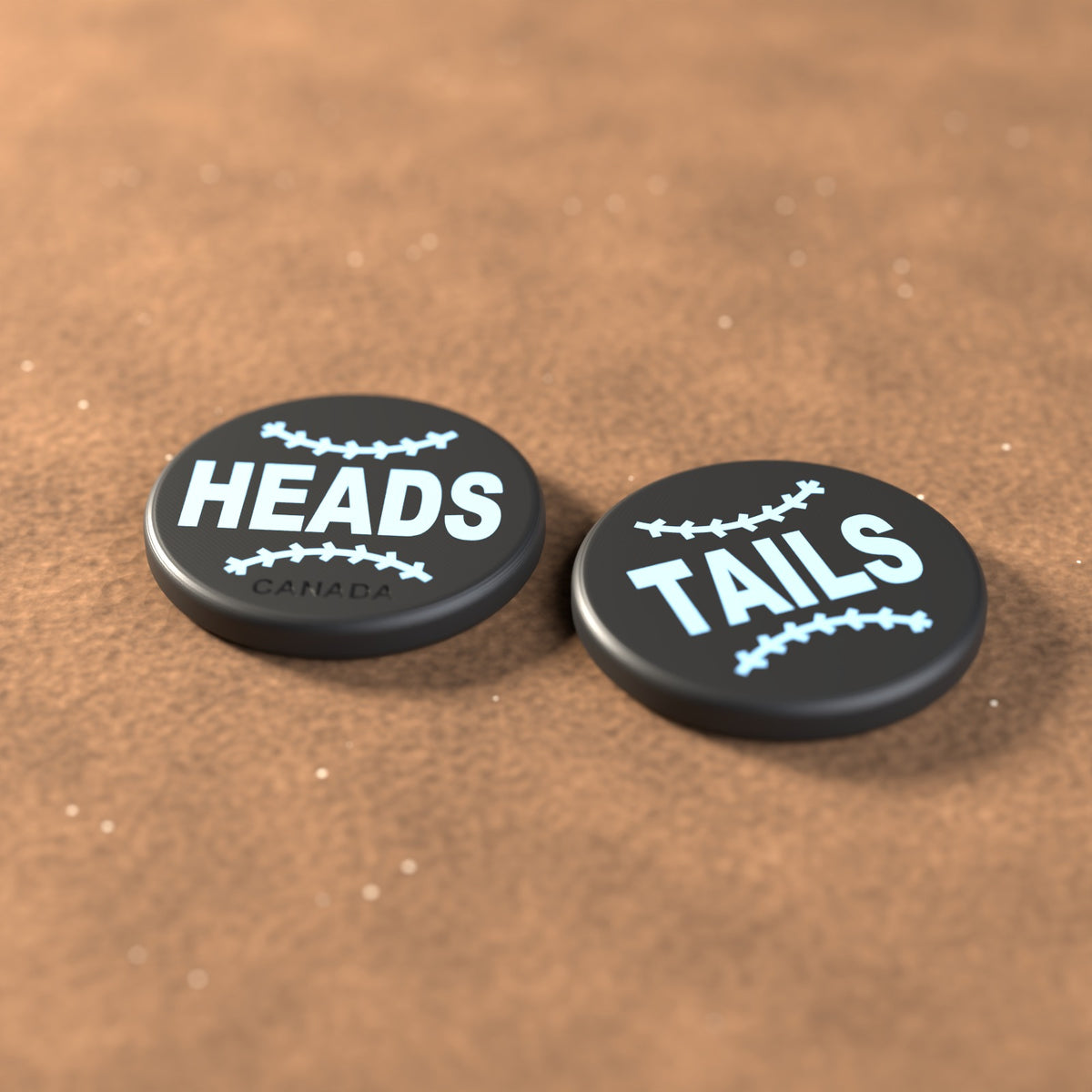 Black umpire flip coin with powder blue lettering
