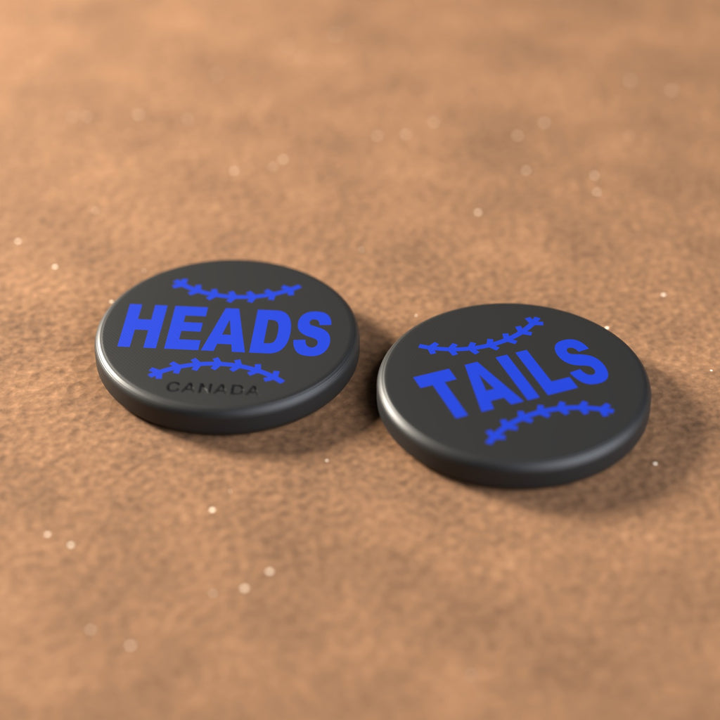 Black umpire flip coin with royal blue lettering