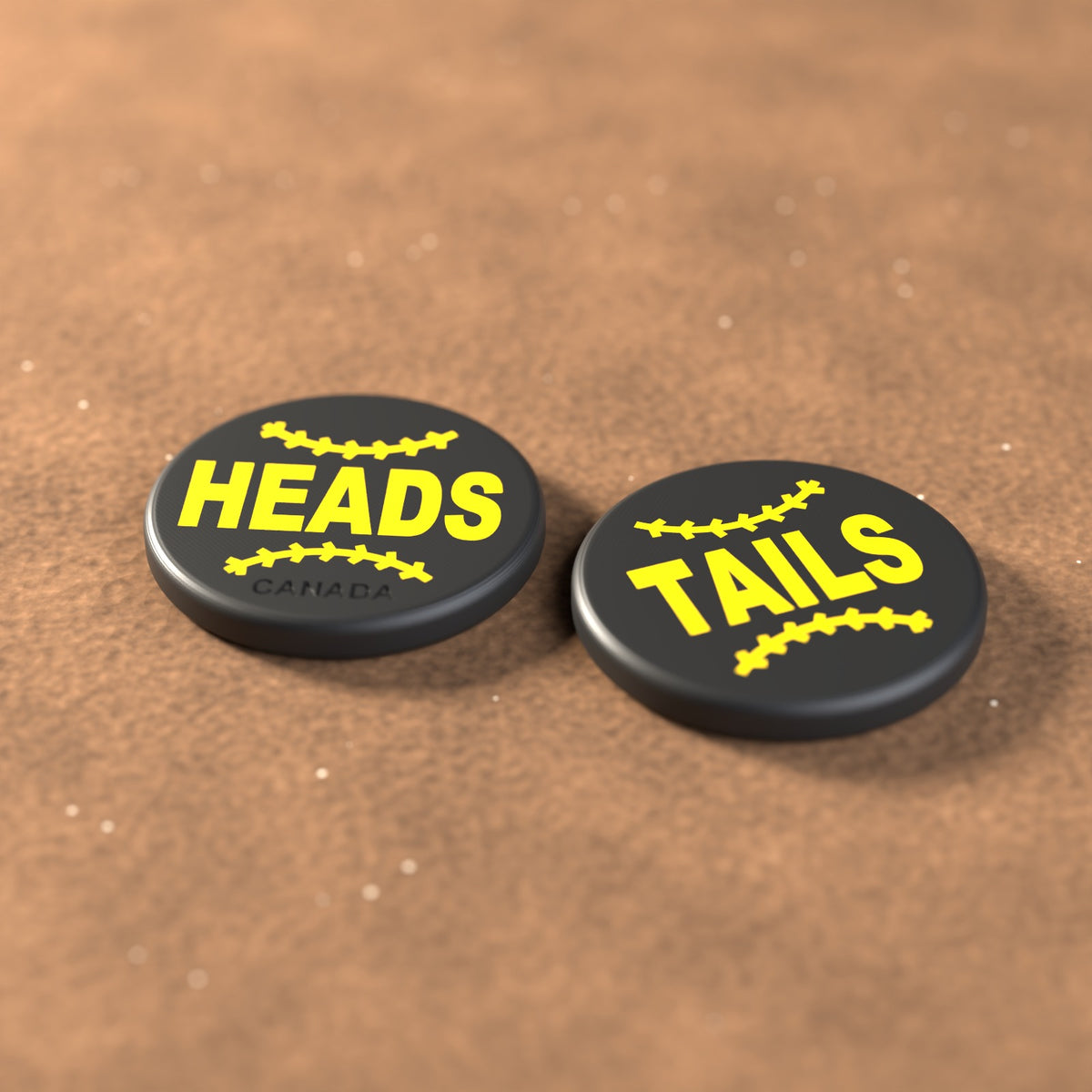 Black umpire flip coin with yellow lettering