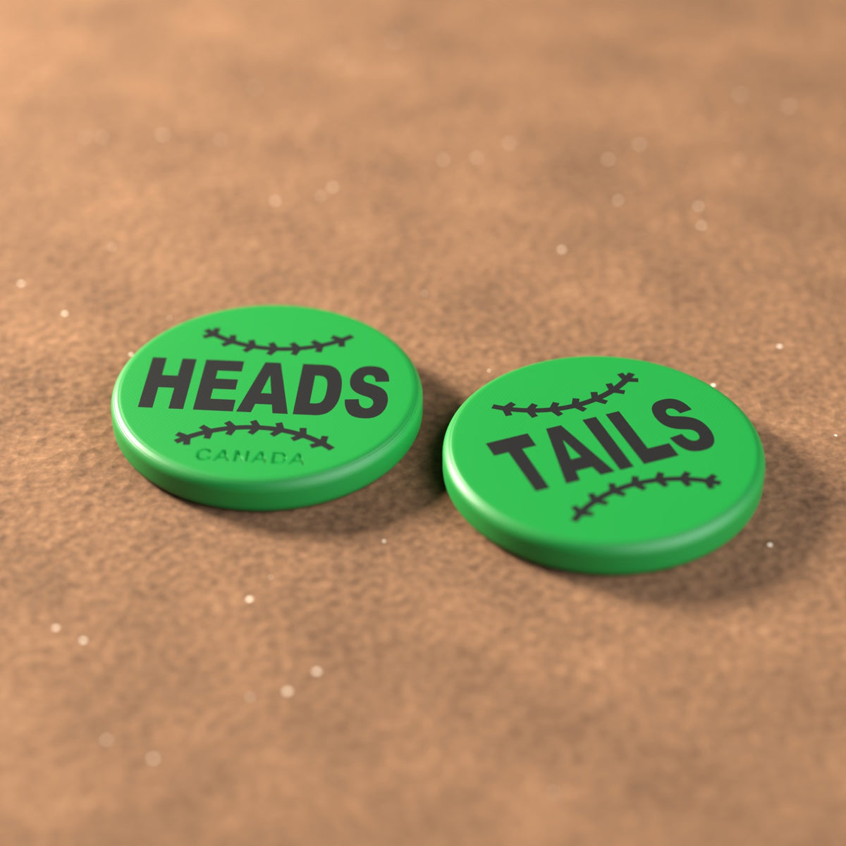 Green umpire flip coin with black lettering