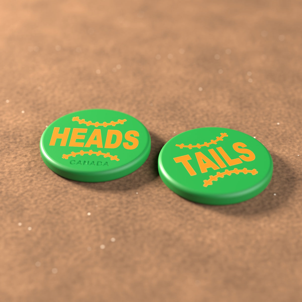 Green umpire flip coin with orange lettering