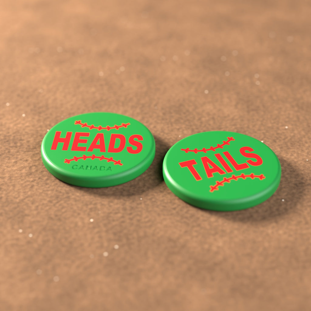 Green umpire flip coin with red lettering