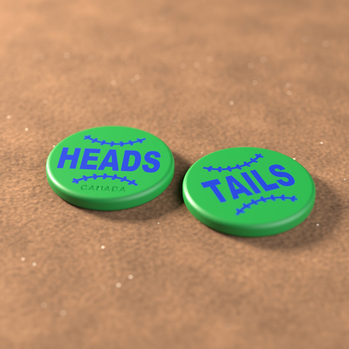 Green umpire flip coin with royal blue lettering