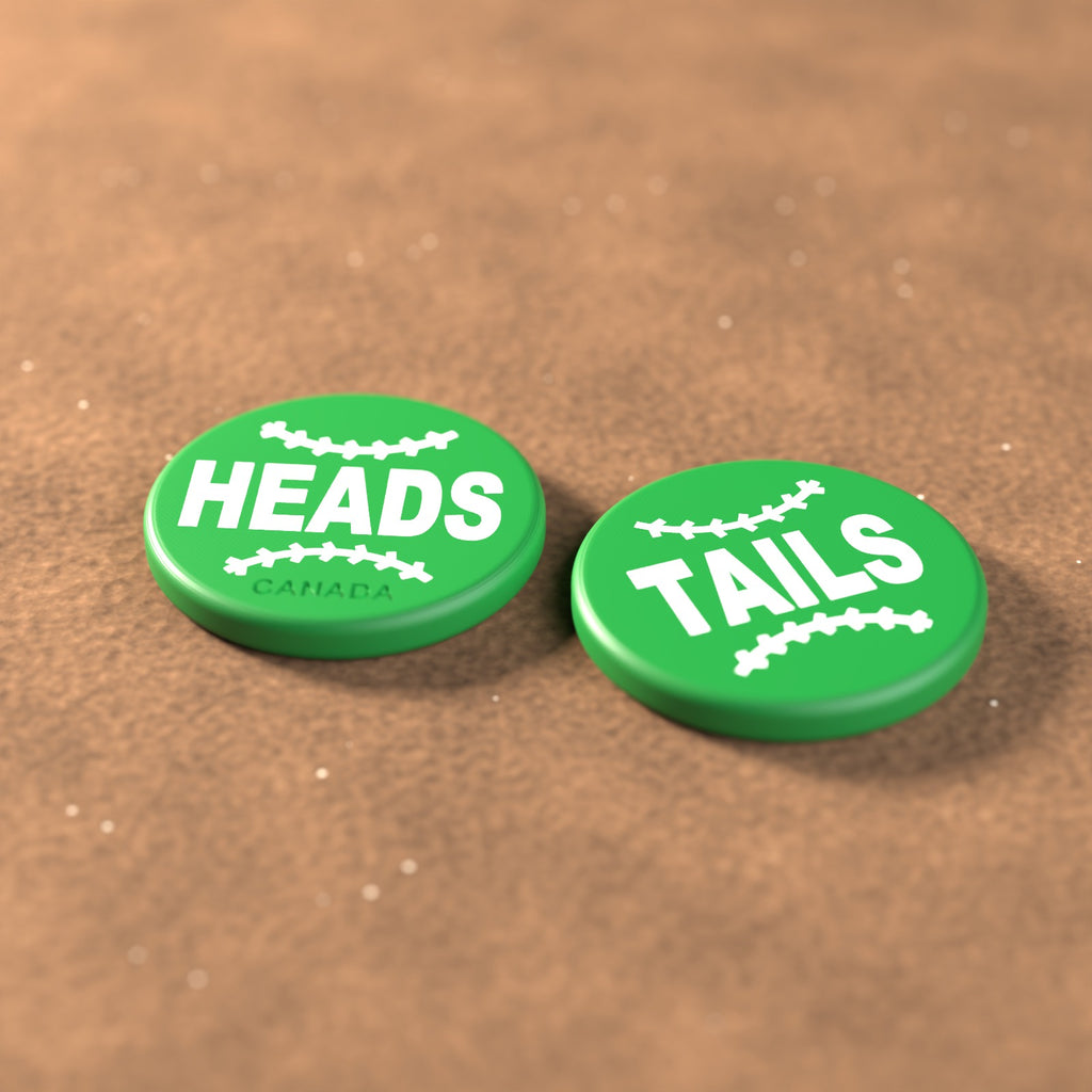 Green umpire flip coin with white lettering