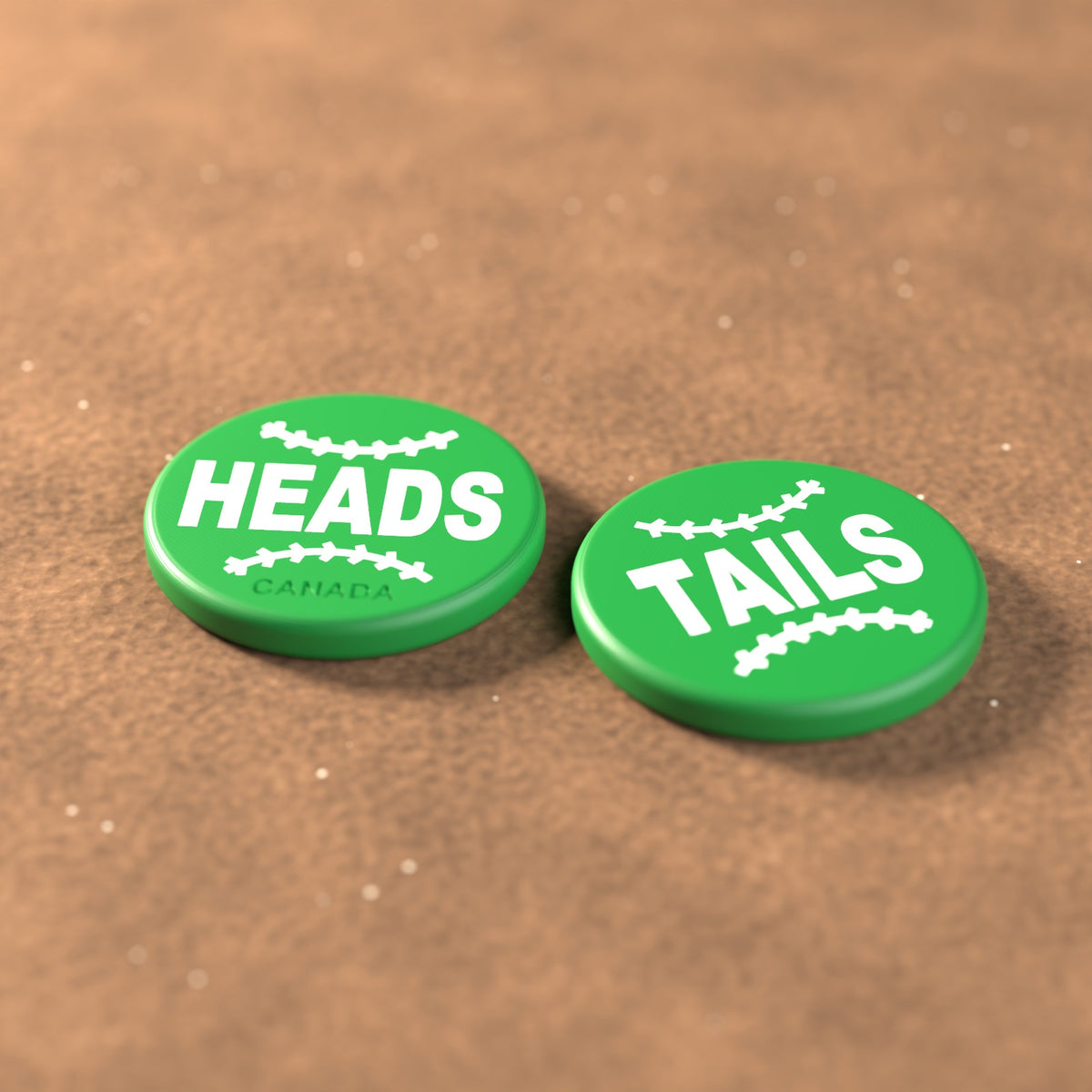 Green umpire flip coin with white lettering