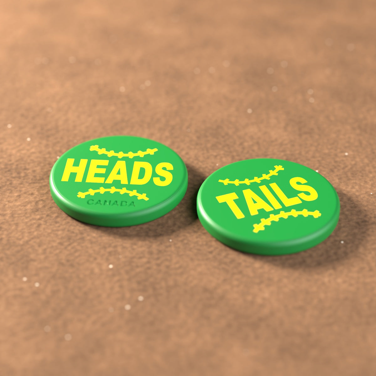 Green umpire flip coin with yellow lettering