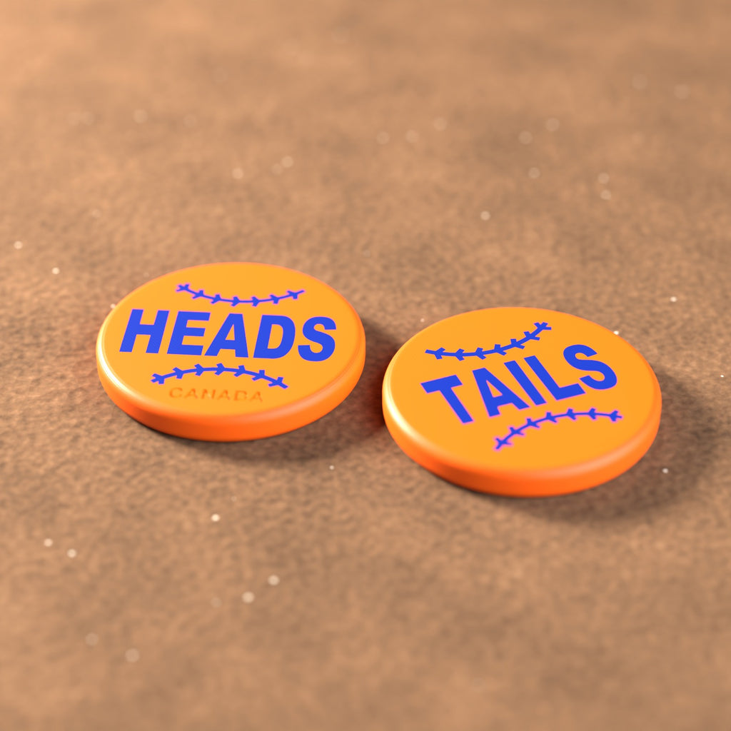 Orange umpire flip coin with royal blue lettering