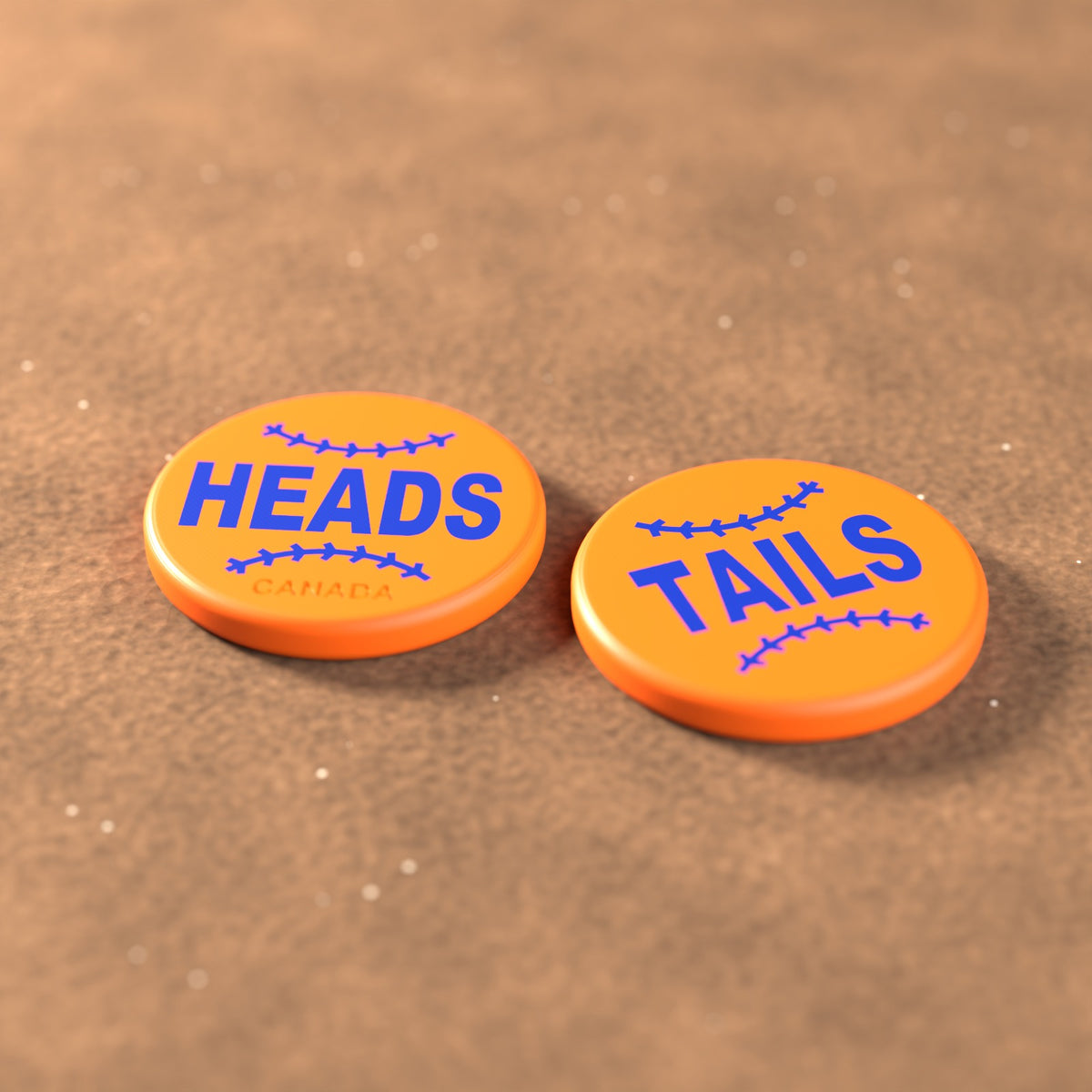 Orange umpire flip coin with royal blue lettering