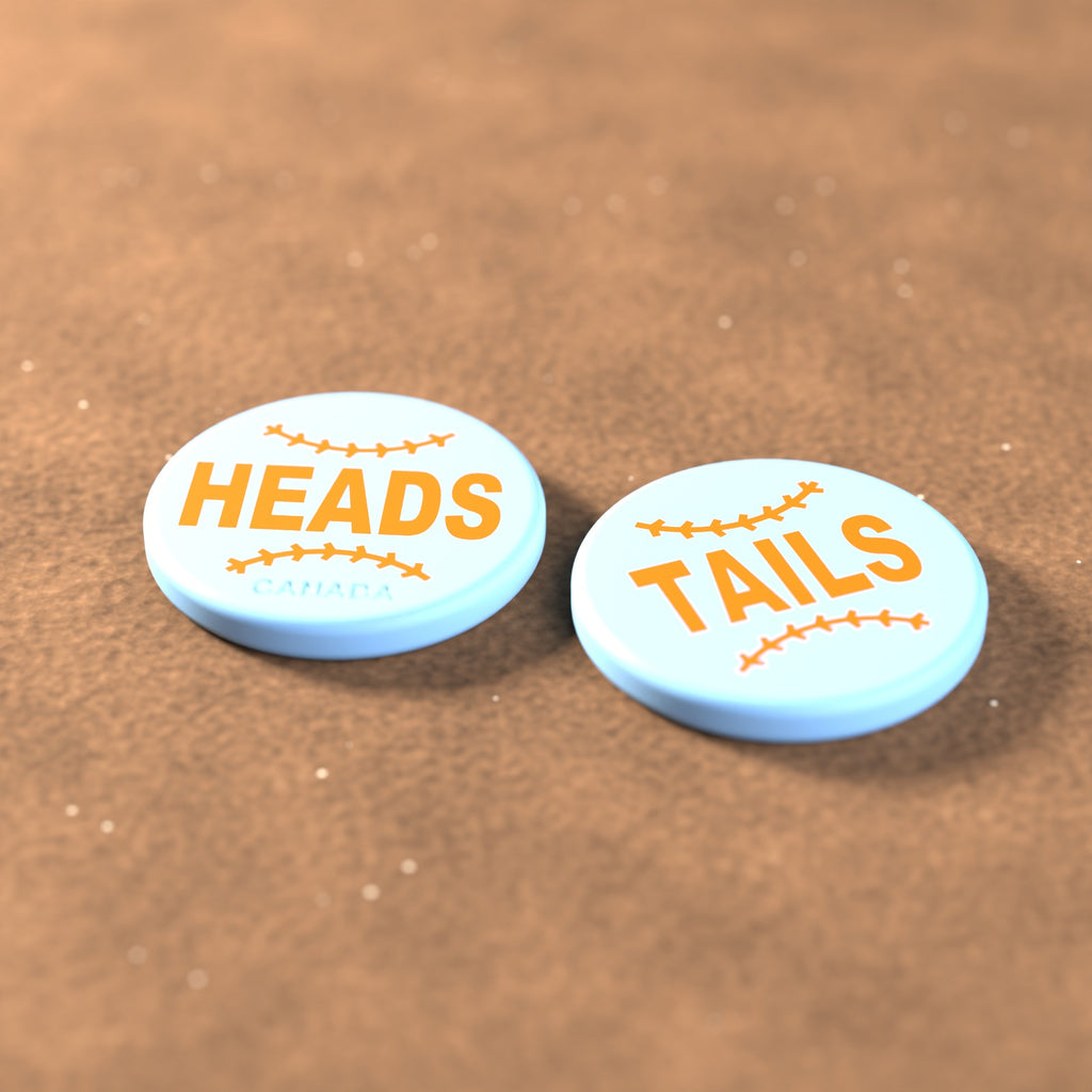 Powder Blue umpire flip coin with orange lettering