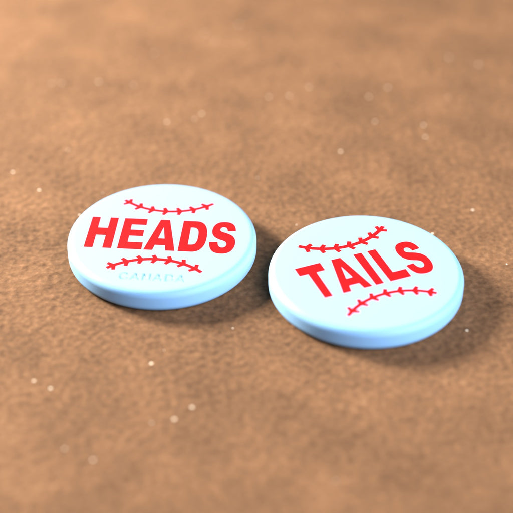 Powder Blue umpire flip coin with red lettering