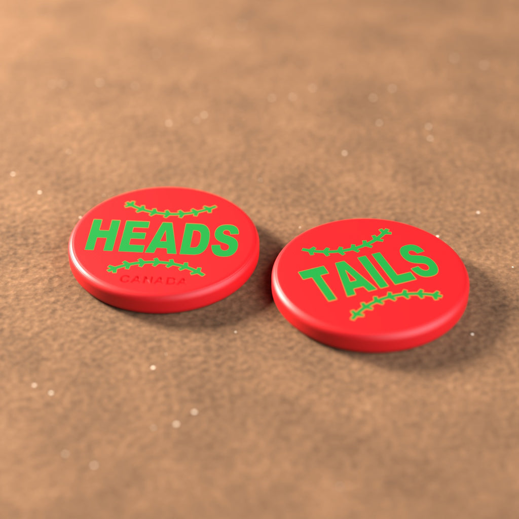 Red umpire flip coin with green lettering