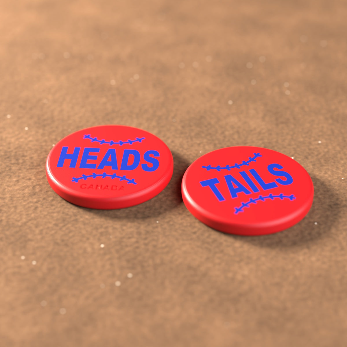 Red umpire flip coin with royal blue lettering
