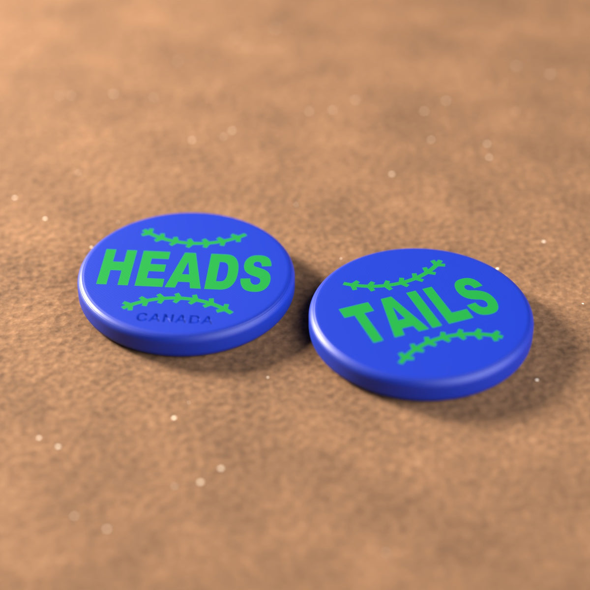 Royal Blue umpire flip coin with green lettering