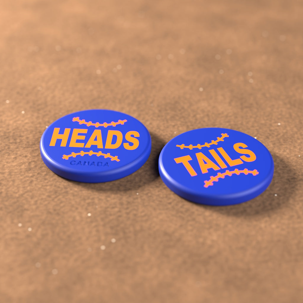 Royal Blue umpire flip coin with orange lettering