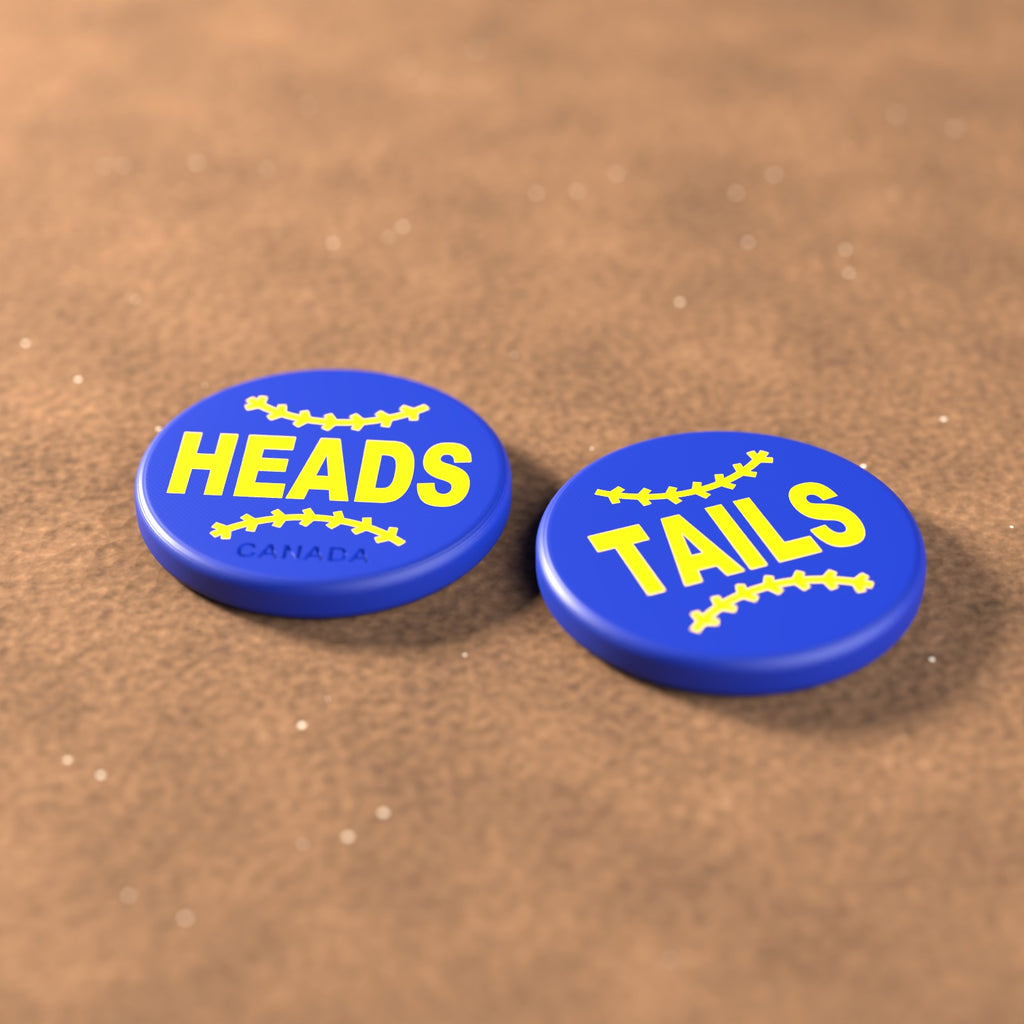 Royal Blue umpire flip coin with yellow lettering