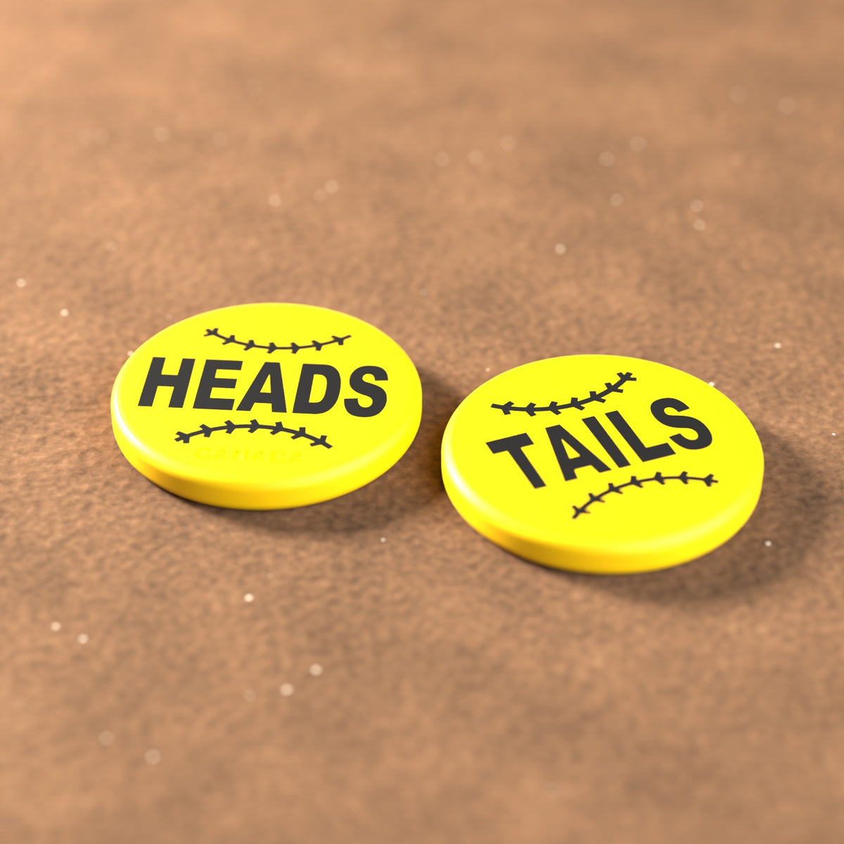 Yellow umpire flip coin with black lettering