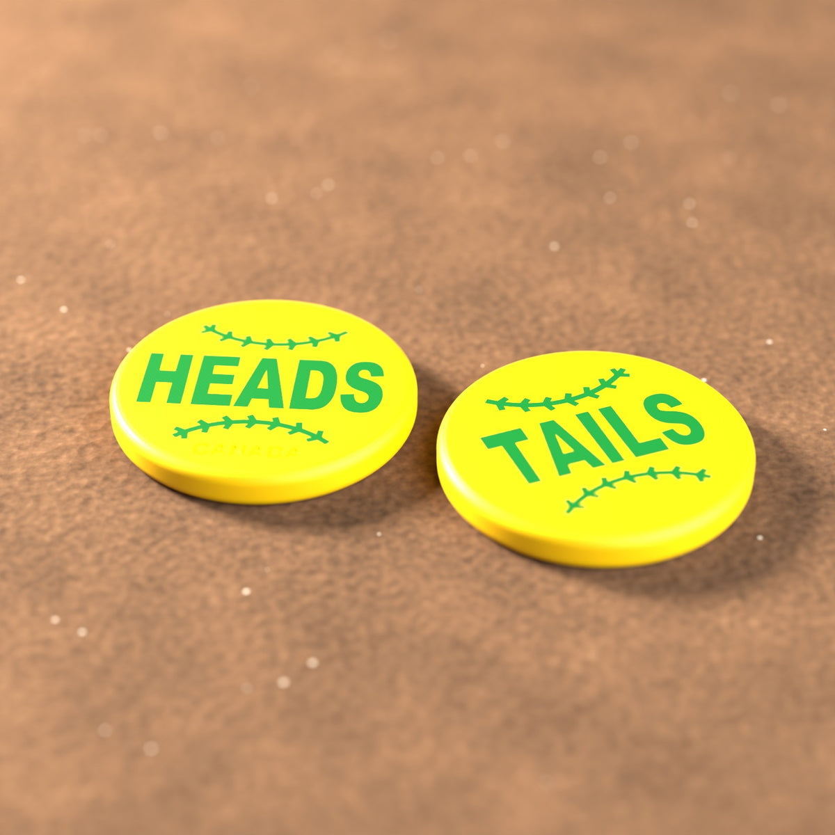 Yellow umpire flip coin with green lettering