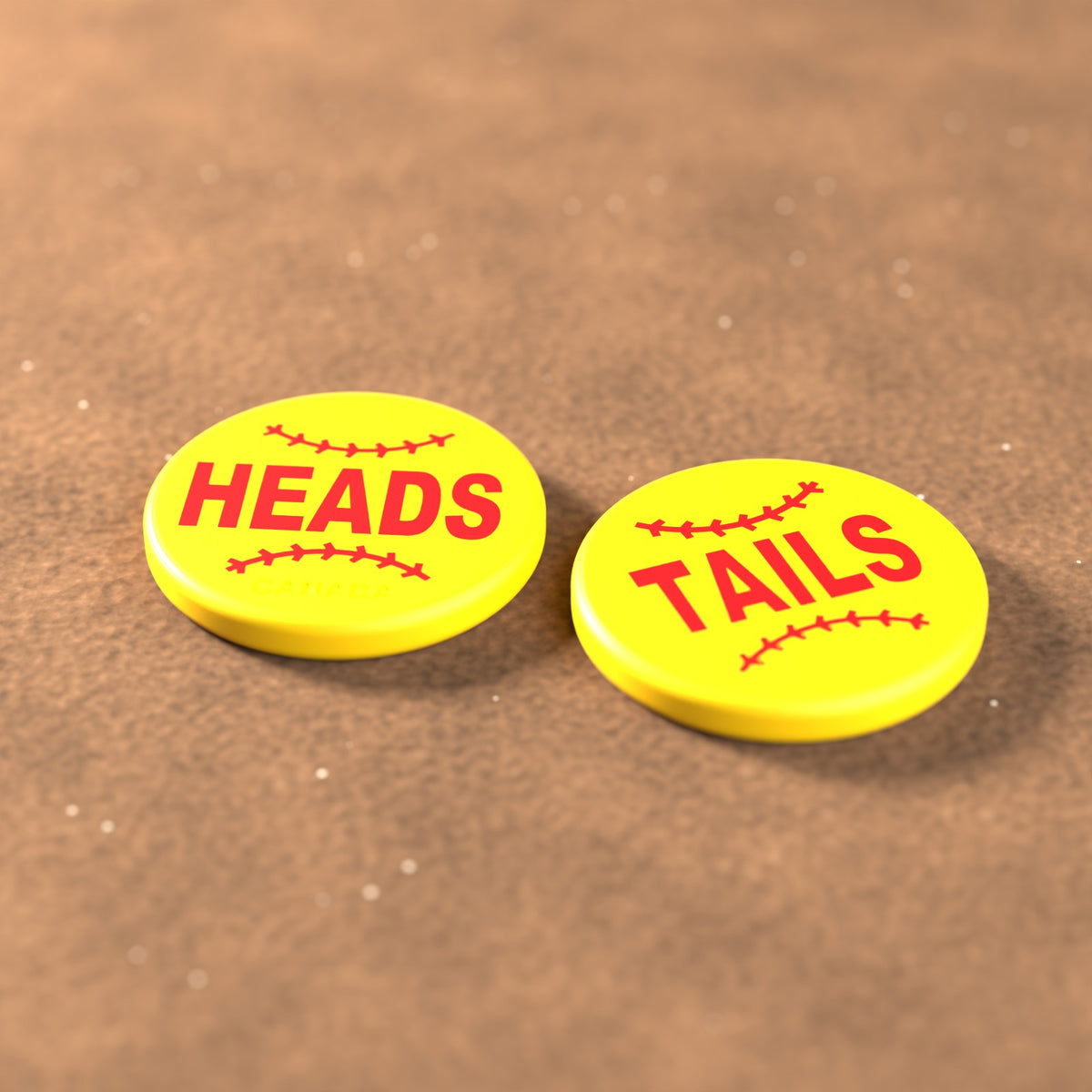 Yellow umpire flip coin with red lettering