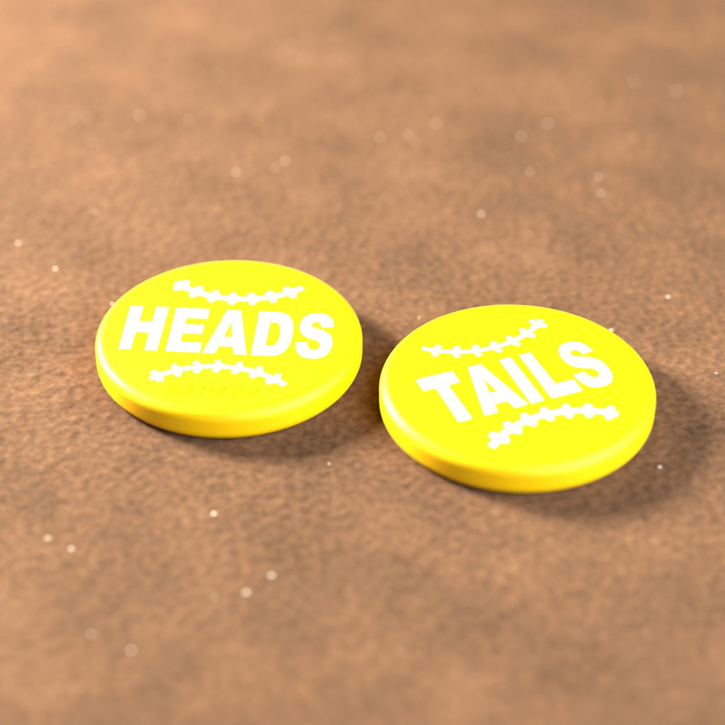 Yellow umpire flip coin with white lettering